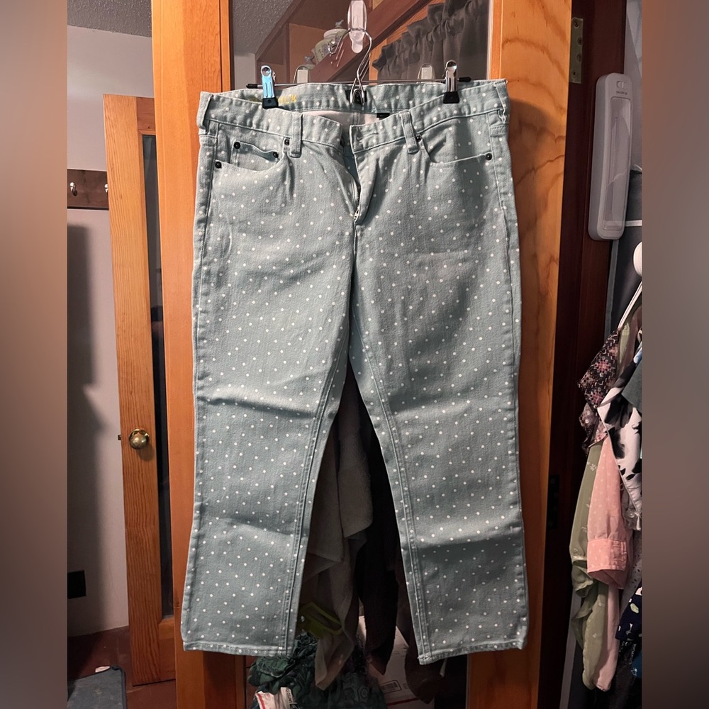 J. Crew cropped Matchstick jeans mint polka dot size 33